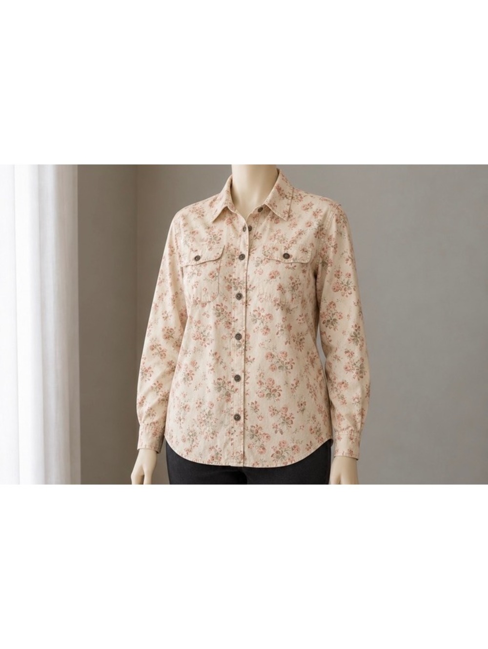 Chaps Denim Women’s 1X Floral Button Down Shirt Cotton Cream Pink Long Sleeve